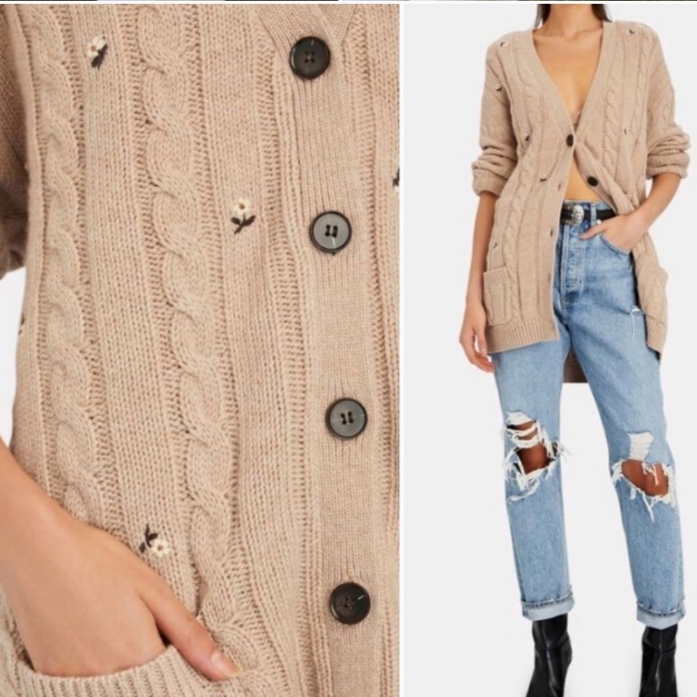 The Great  Embroidered Wool Cashmere Knit Cardigan Oatmeal Long Size 1 US Small - Picture 2 of 11